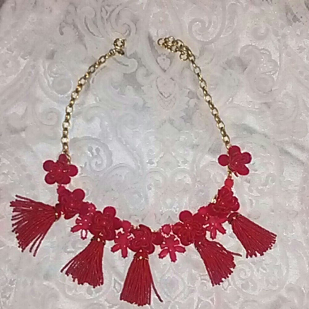 J. Crew red tassle necklace floral pattern